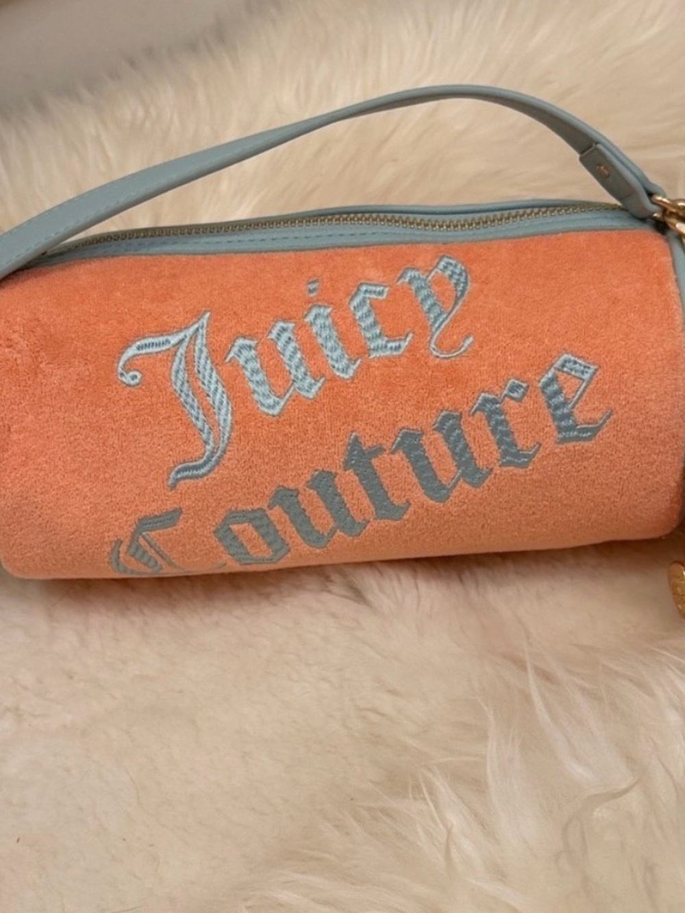 Juicy Couture Orange Suede Mini Barrel Bag with Light Blue Trim
